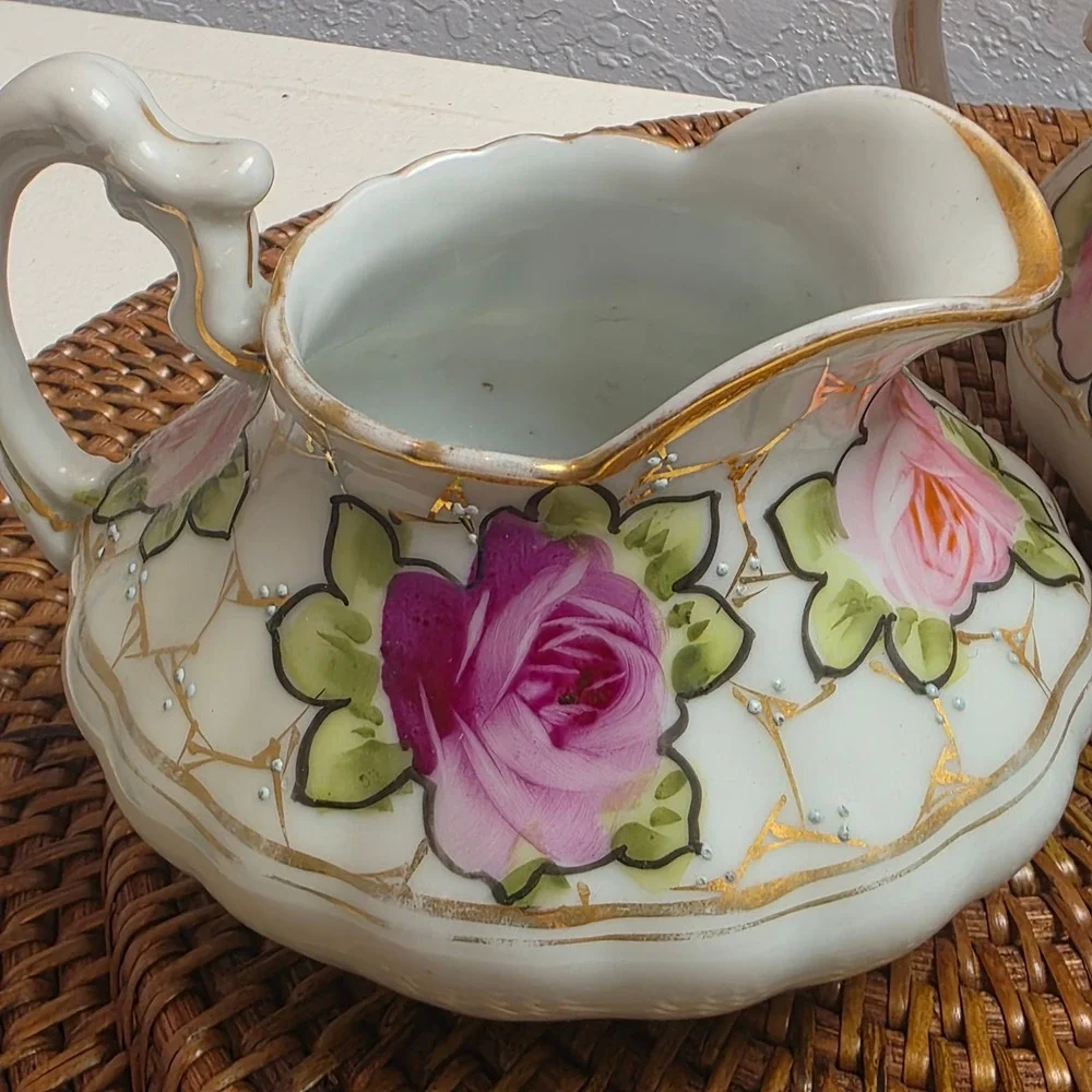 Antique 1890s Nippon Hand Painted Rose Porcelain Creamer & Sugar Bowl Set No Lid